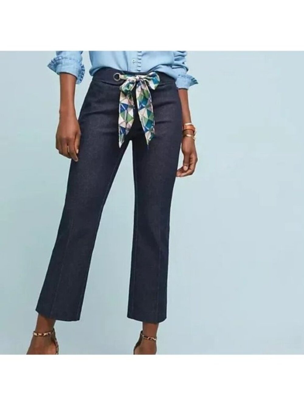 Anthropologie The Essential Crop Flare Denim Jeans with Scarf Belt US 8